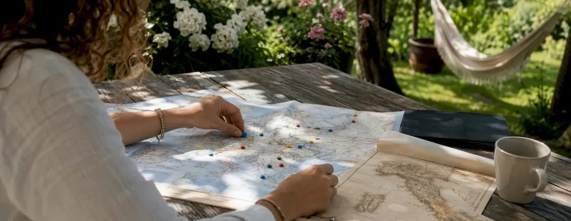 Handen die routekaartjes op een Europese spoorwegenkaart leggen