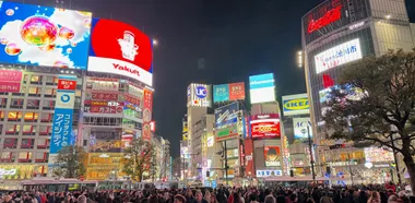 Neonreclames en drommen mensen in Kabukicho, Shinjuku, op een avond in maart