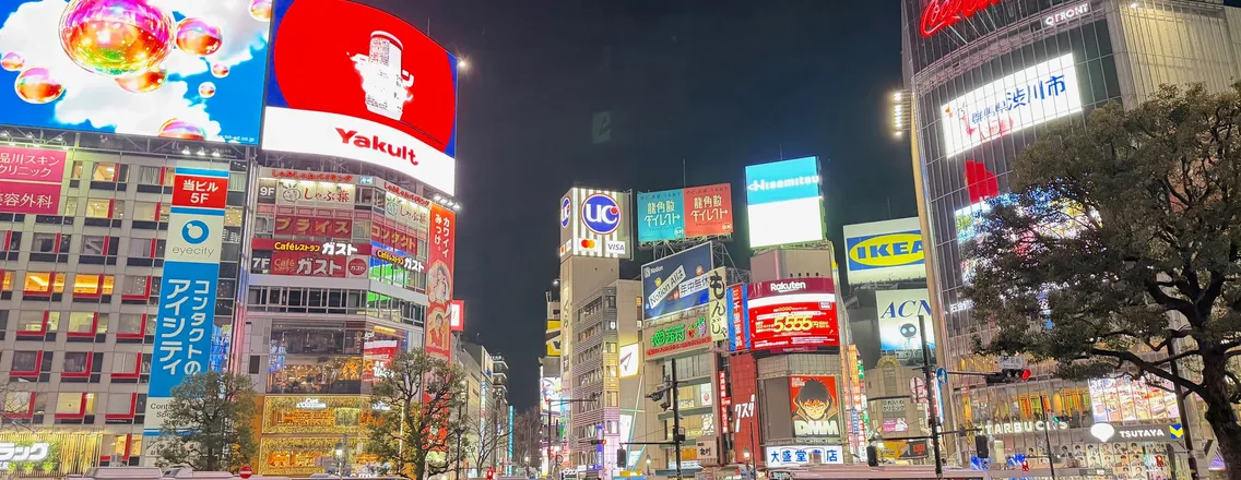 Neonreclames en drommen mensen in Kabukicho, Shinjuku, op een avond in maart
