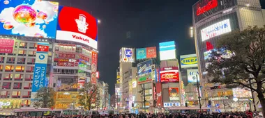 Neonreclames en drommen mensen in Kabukicho, Shinjuku, op een avond in maart