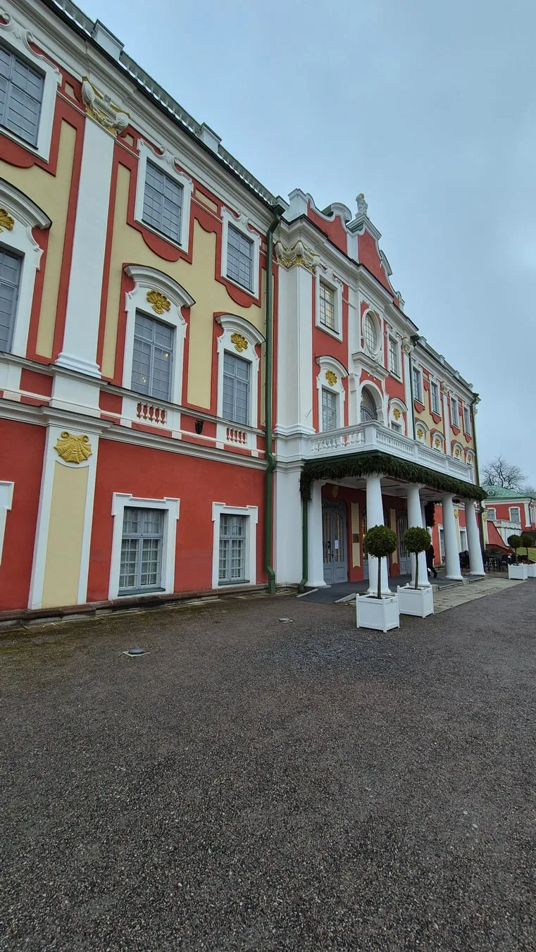 De roze en witte barokgevel van het Kadriorg-paleis in Tallinn op een grijze winterdag