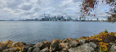De skyline van Toronto met de CN Tower, gezien vanaf de Toronto Islands over het water