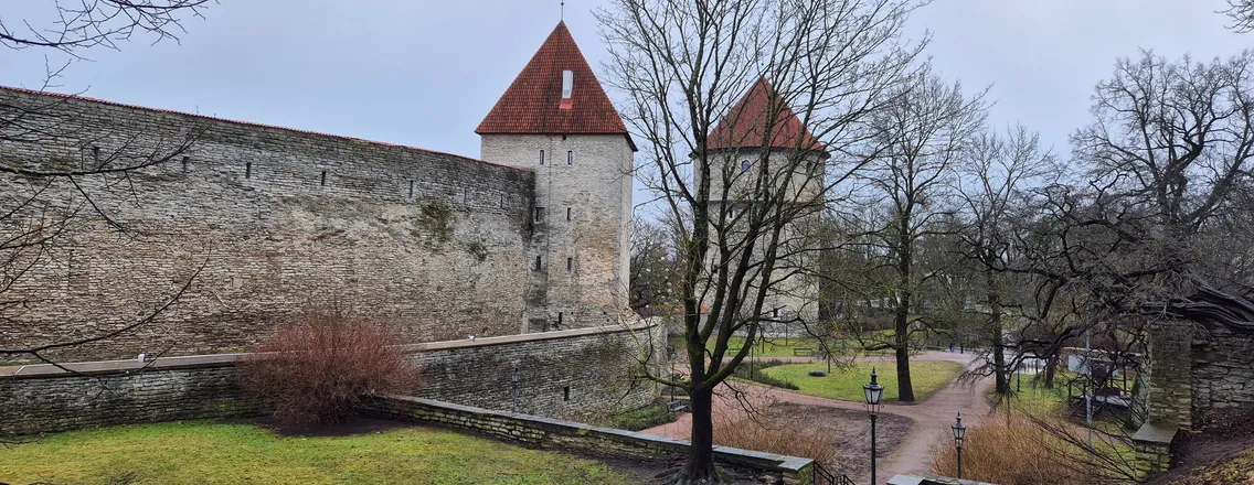 De middeleeuwse stadsmuur van Tallinn met twee torens met rode spitsen, op een grijze winterdag